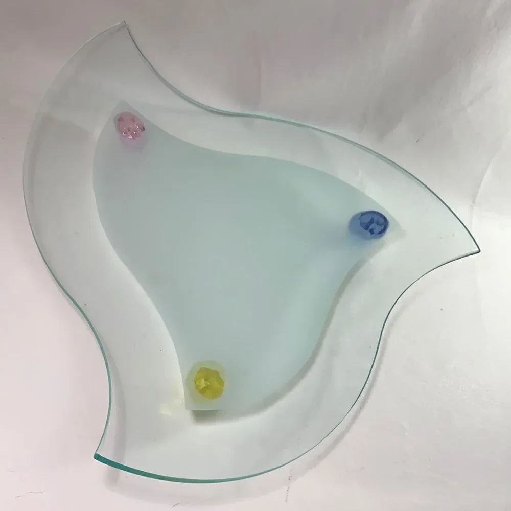 14 1/2 Inch Art Nouveau Glass 3 Footed Pink Blue Yellow Decorator Serving Tray
